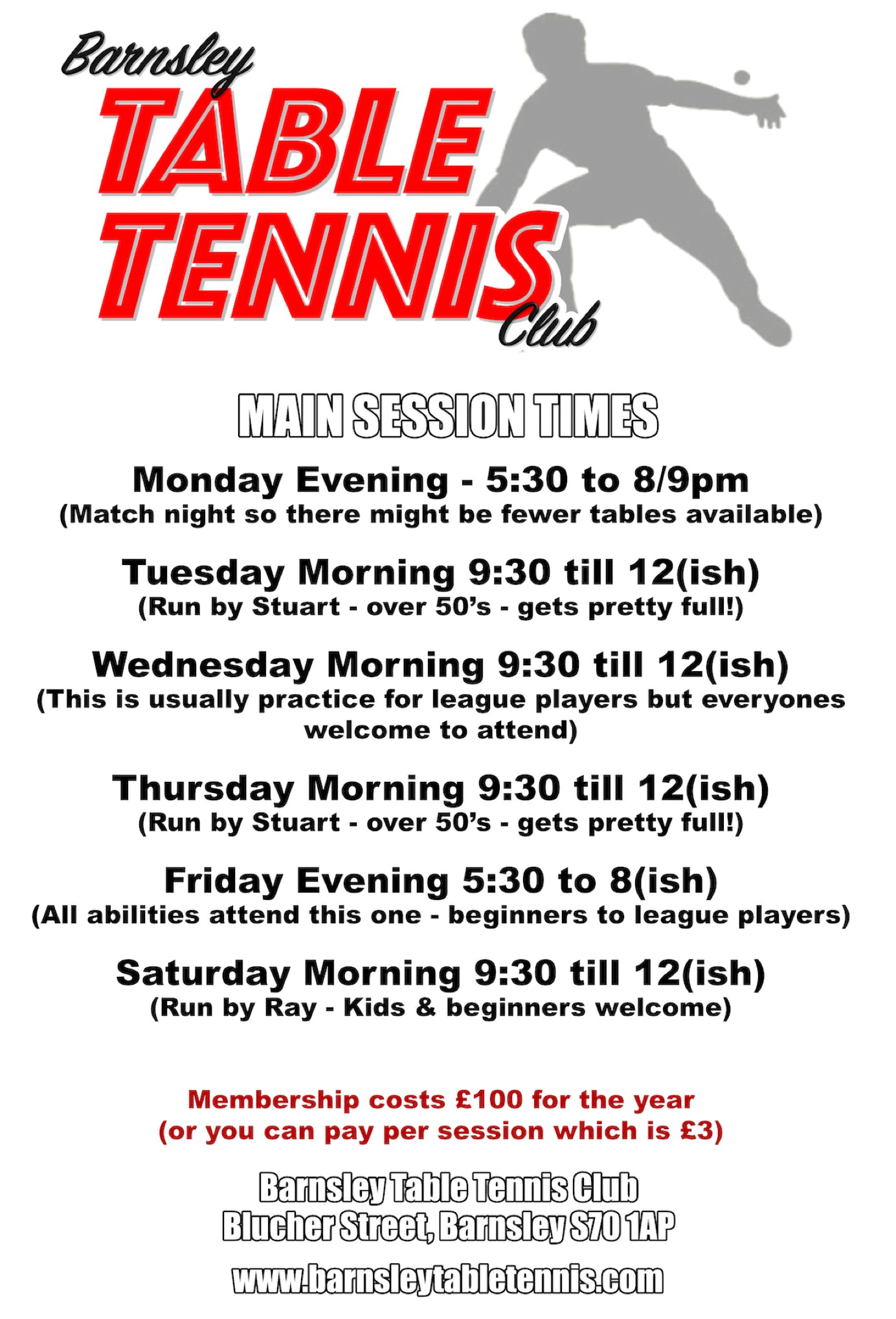 Barnsley table tennis - opening times, membership costs and address.
